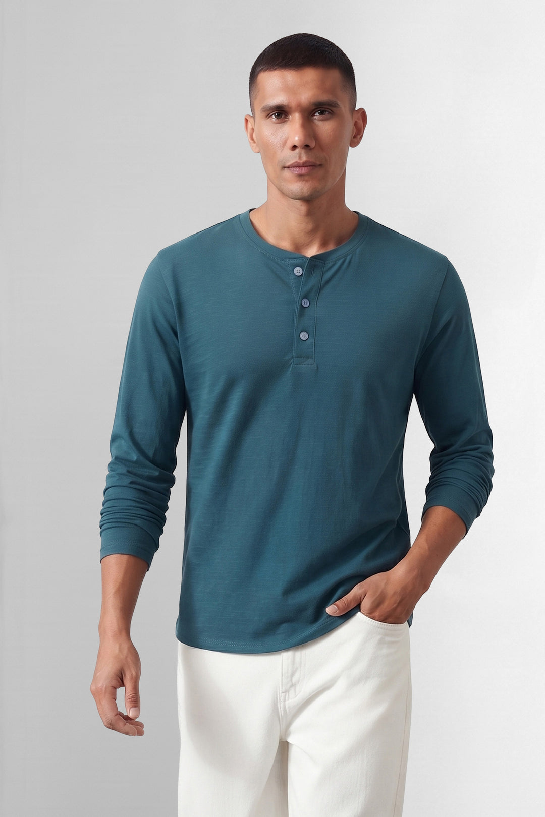 Teal Blue Self Design Cotton Henley T-Shirt