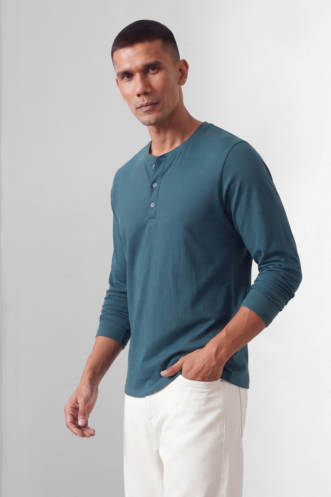 Teal Blue Self Design Cotton Henley T-Shirt