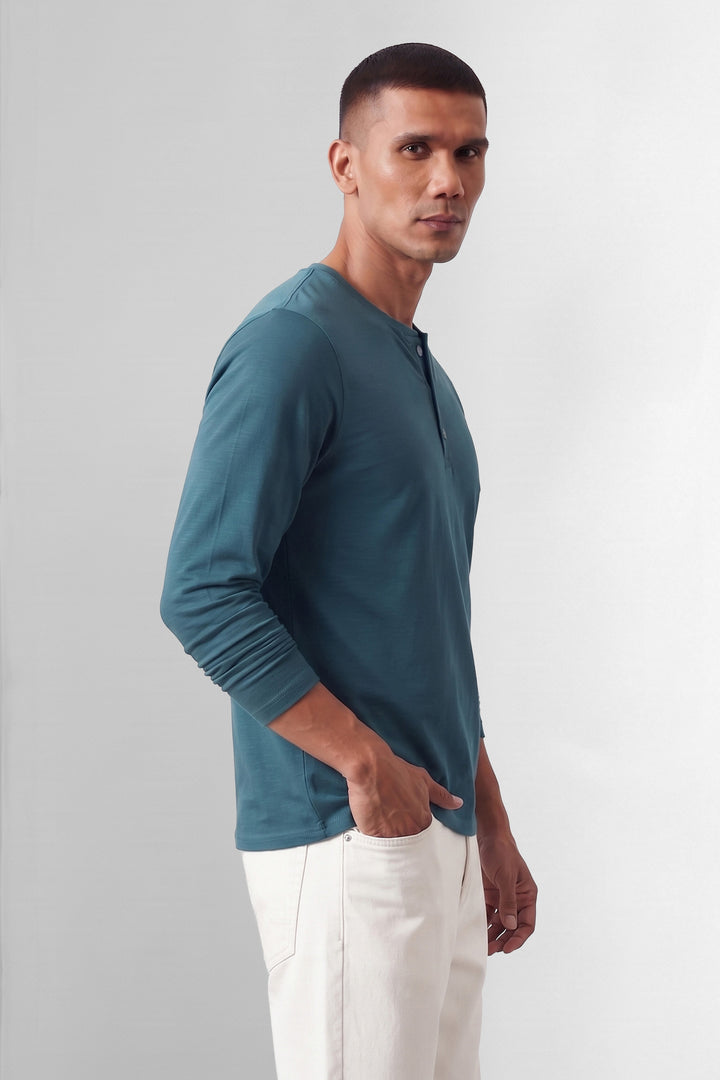 Teal Blue Self Design Cotton Henley T-Shirt
