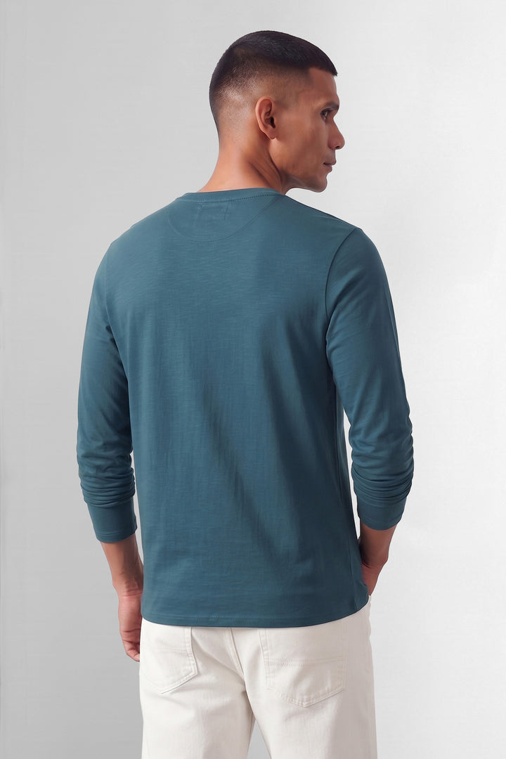 Teal Blue Self Design Cotton Henley T-Shirt