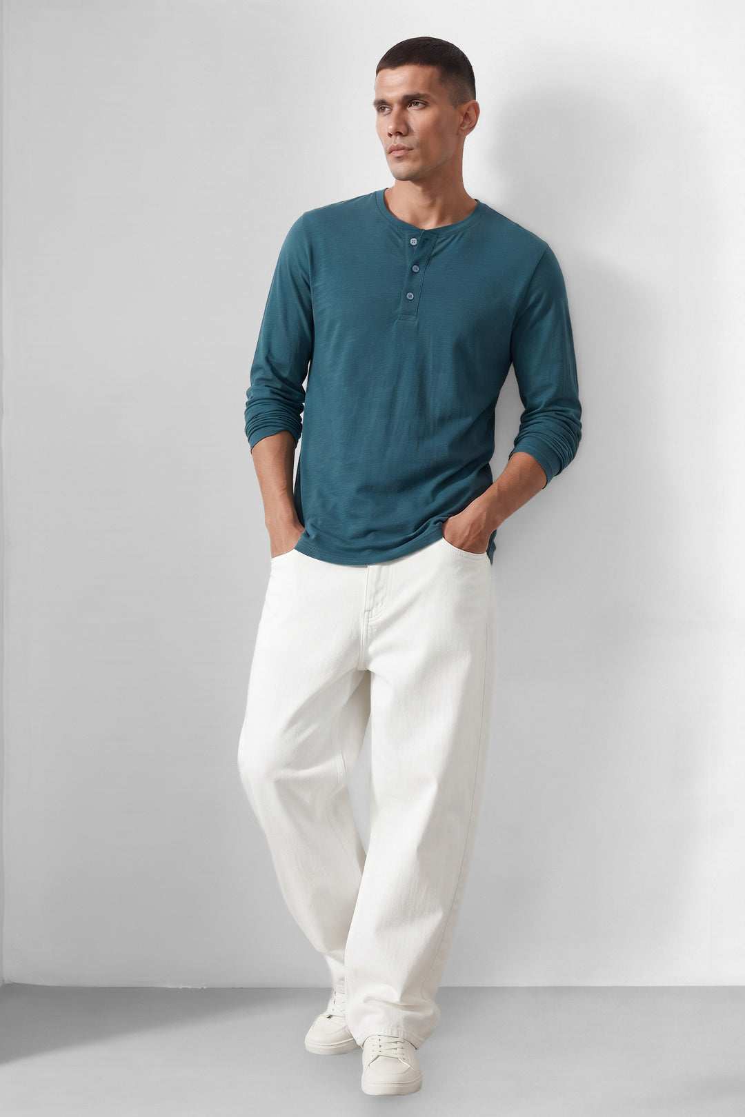Teal Blue Self Design Cotton Henley T-Shirt