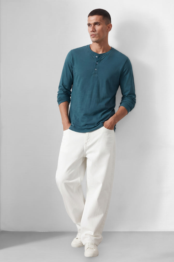 Teal Blue Self Design Cotton Henley T-Shirt