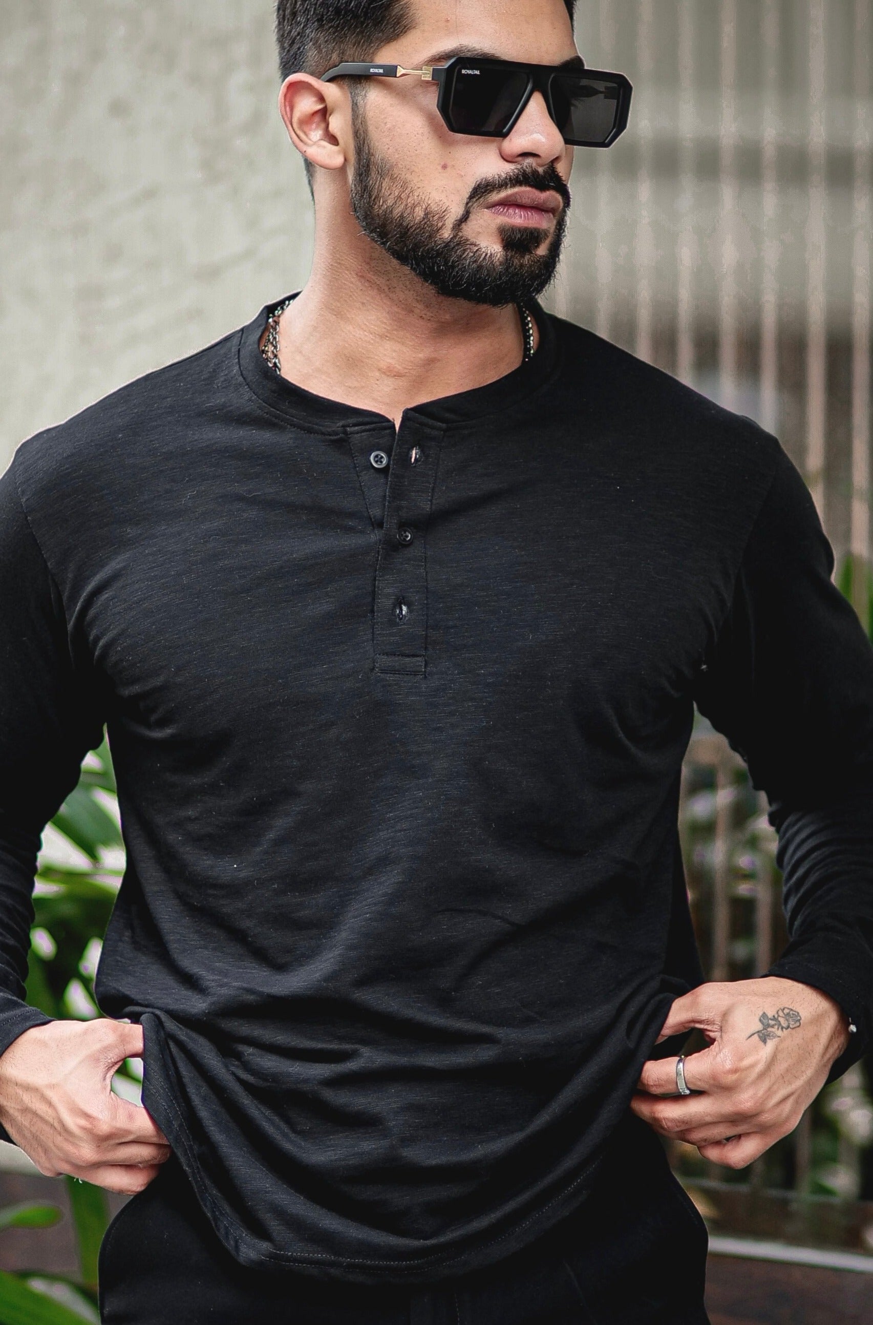 Black Self Design Slub Henley T-Shirt