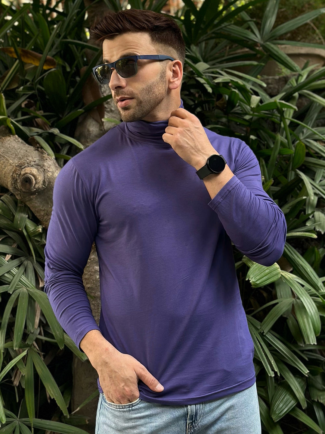 Purple Cotton Stretch High Neck T-Shirt