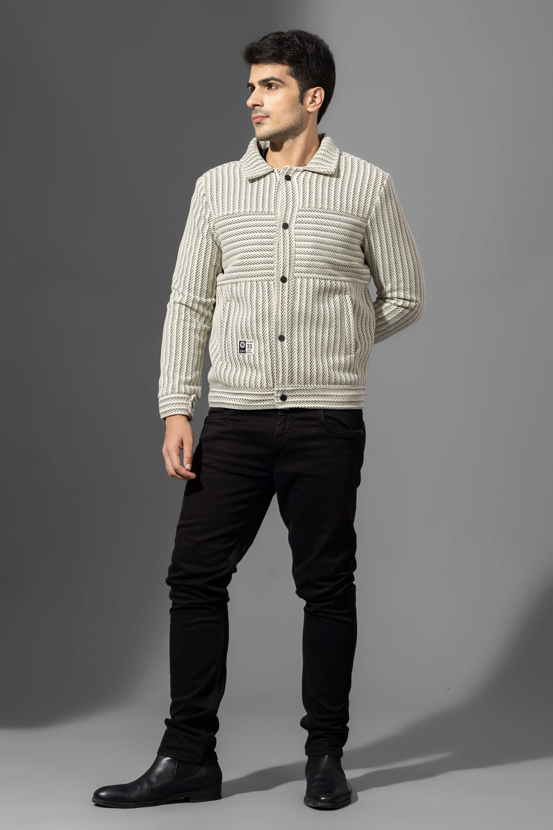 Cream Black Full Sleeve Striped Winter Overshirt