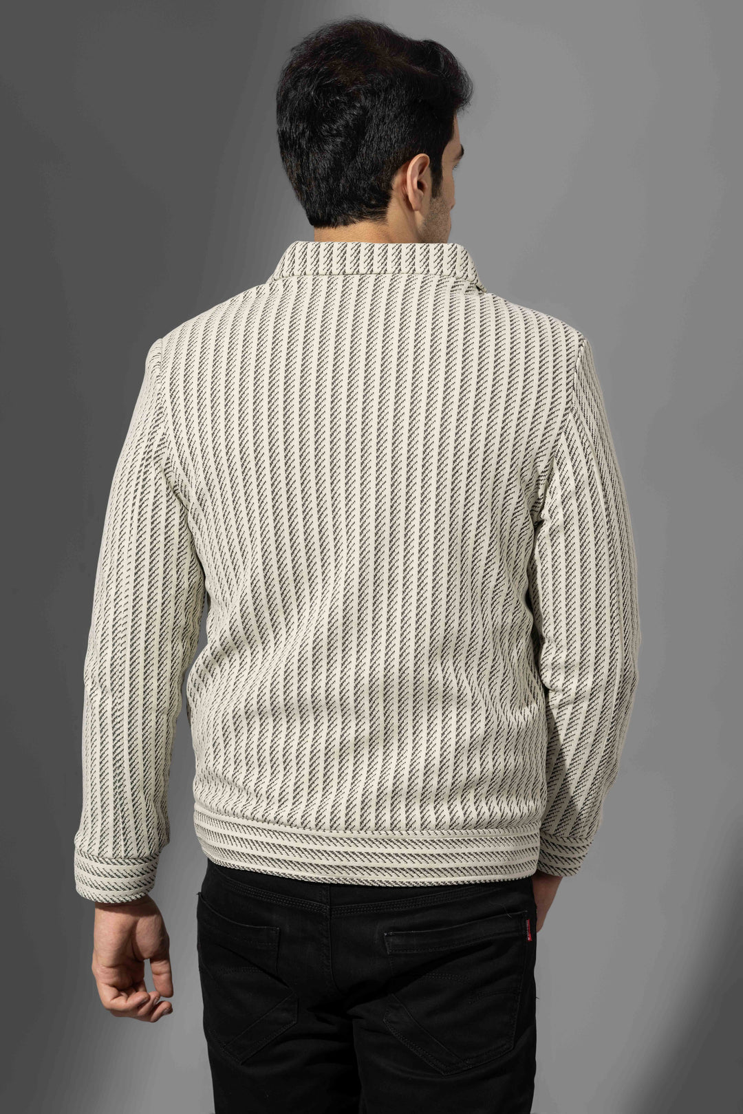 Cream Black Full Sleeve Striped Winter Overshirt