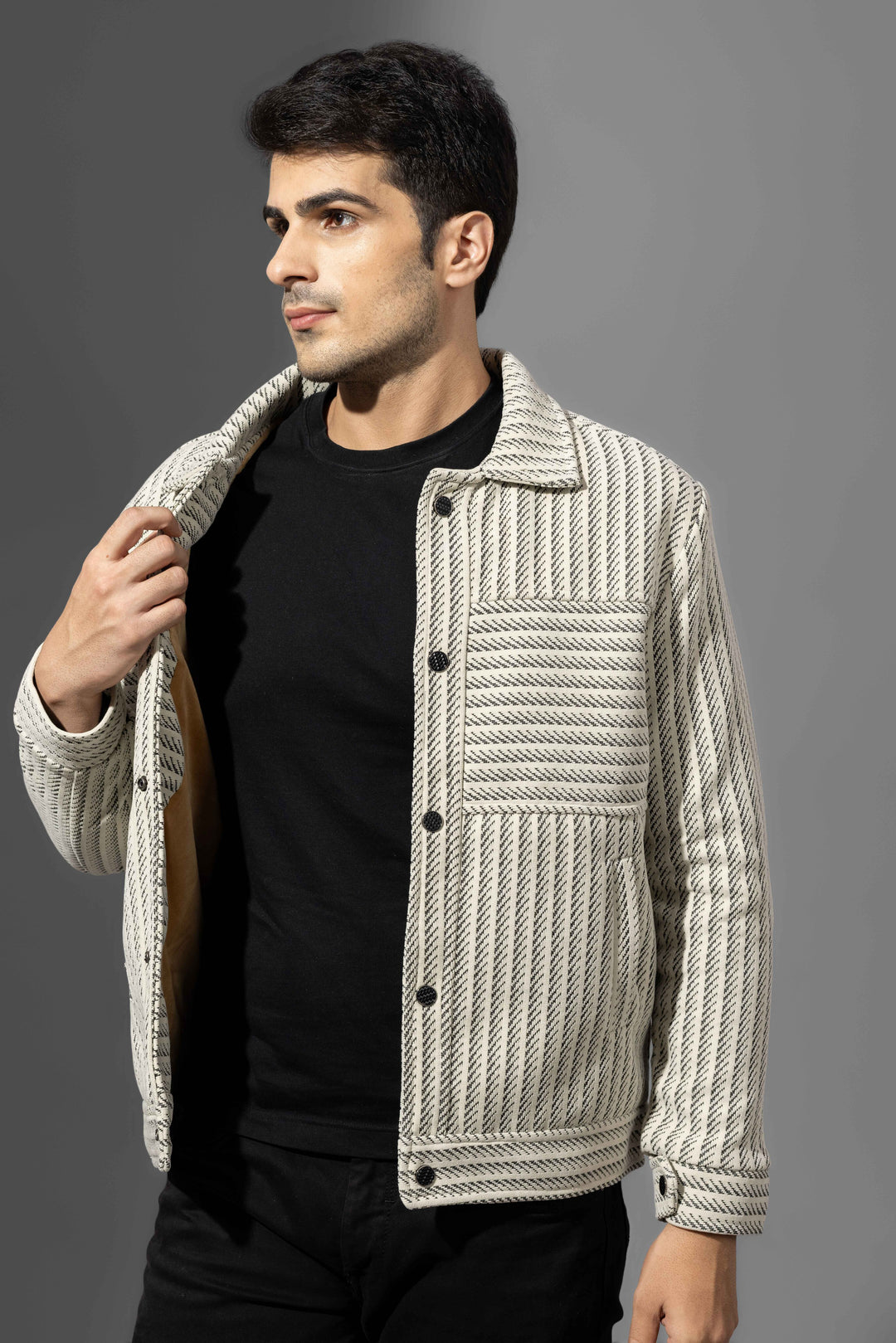 Cream Black Full Sleeve Striped Winter Overshirt