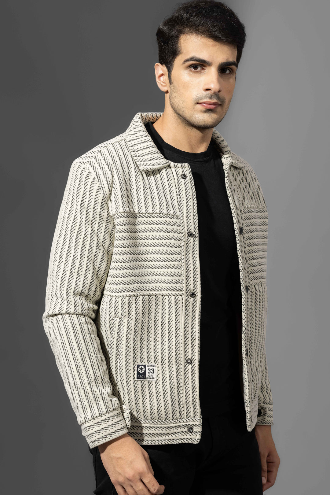 Cream Black Full Sleeve Striped Winter Overshirt