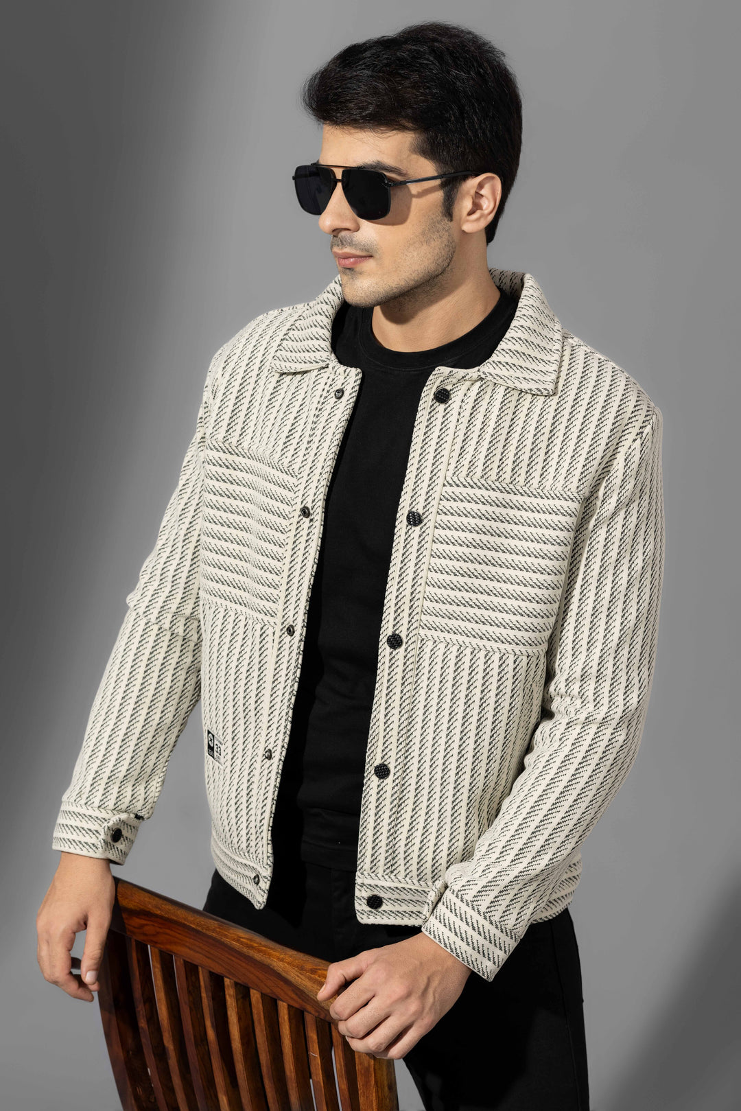 Cream Black Full Sleeve Striped Winter Overshirt