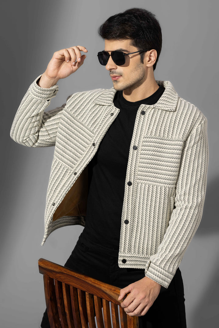 Cream Black Full Sleeve Striped Winter Overshirt
