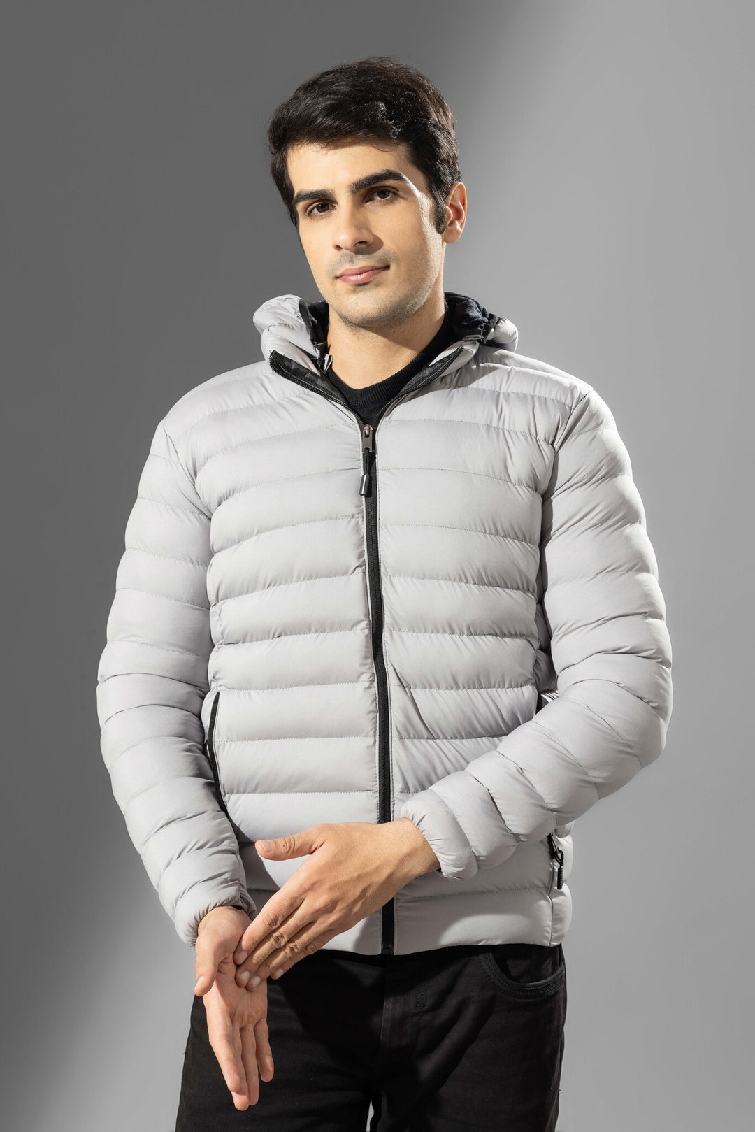 Grey Puffer Jacket Full Sleeve Jacket with detachable hood