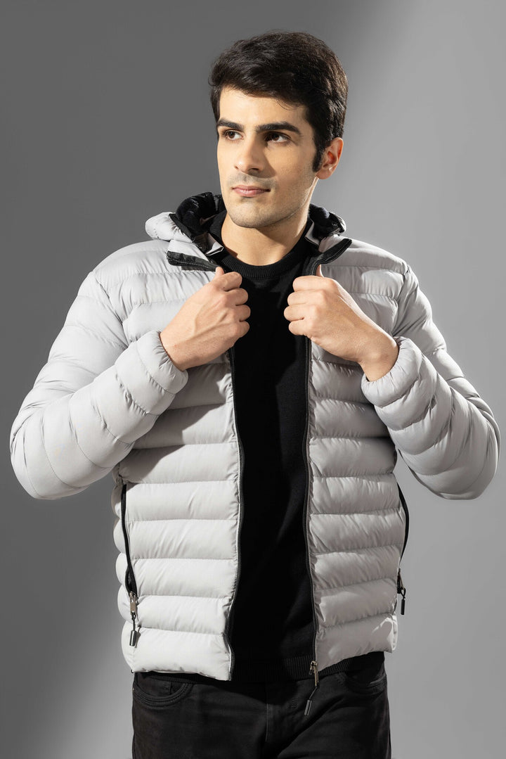 Grey Puffer Jacket Full Sleeve Jacket with detachable hood