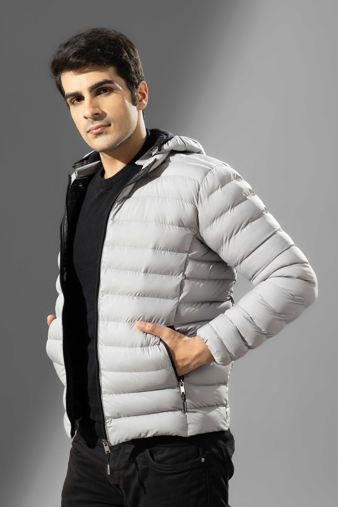 Grey Puffer Jacket Full Sleeve Jacket with detachable hood