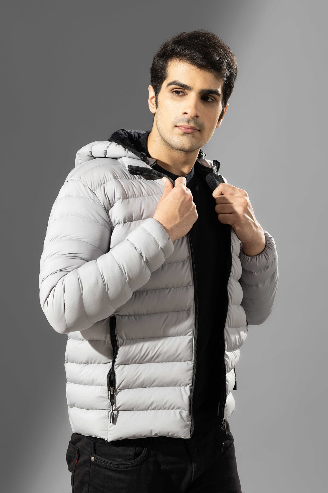 Grey Puffer Jacket Full Sleeve Jacket with detachable hood