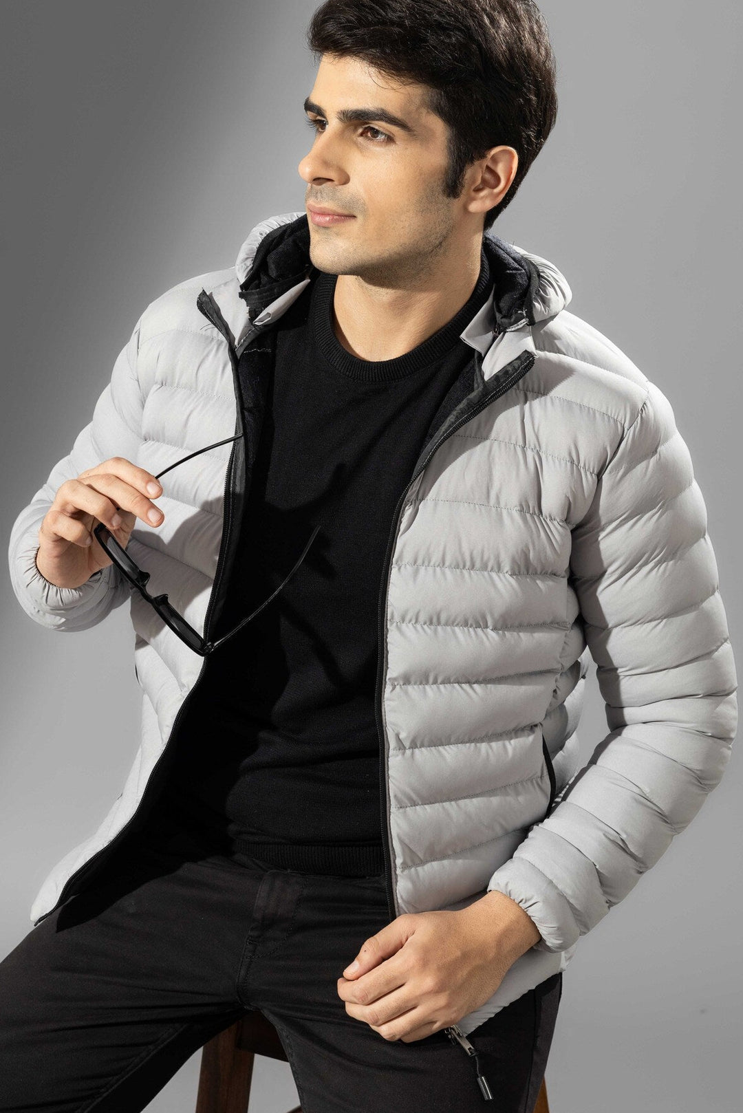 Grey Puffer Jacket Full Sleeve Jacket with detachable hood