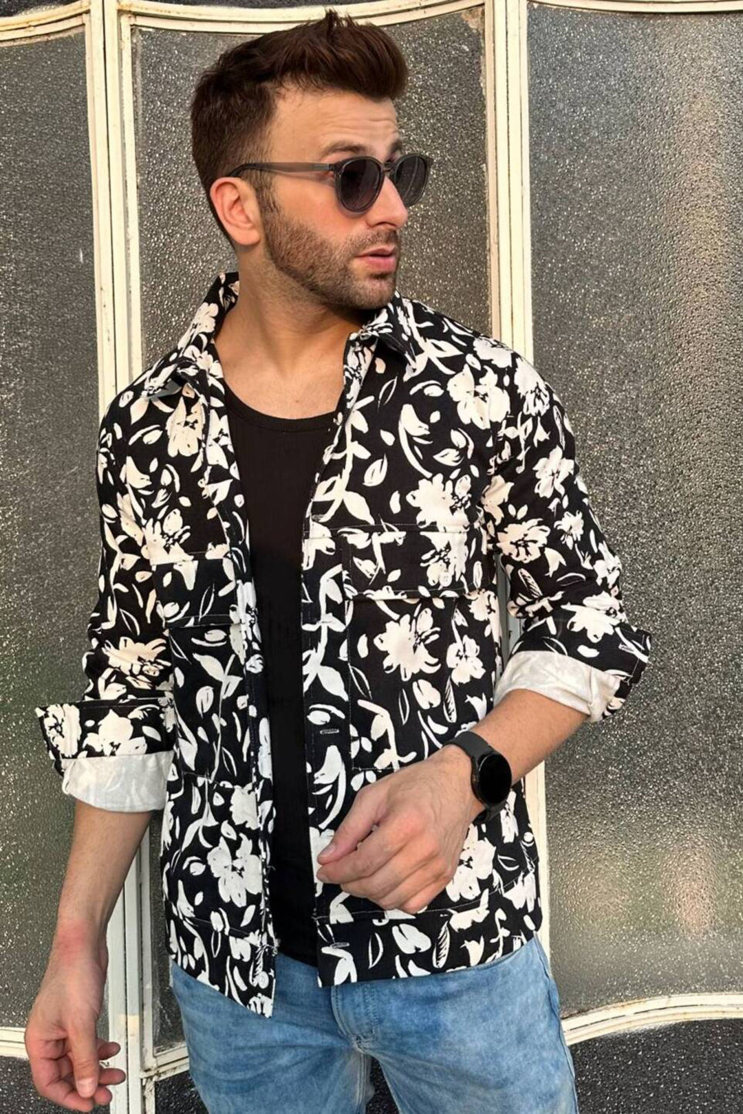 Black Double Pocket Floral Over Shirt