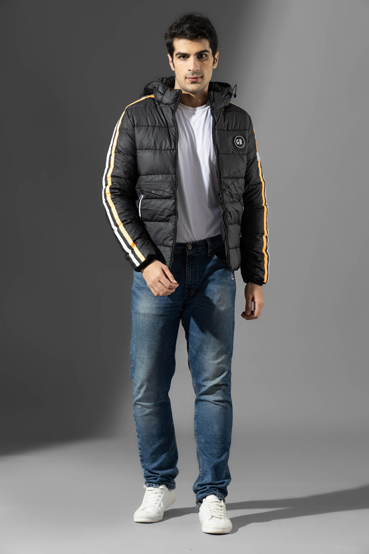 Black Men Hooded Striped Winter Heavy Jacket