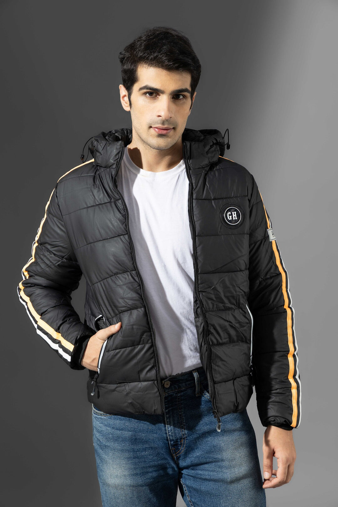 Black Men Hooded Striped Winter Heavy Jacket