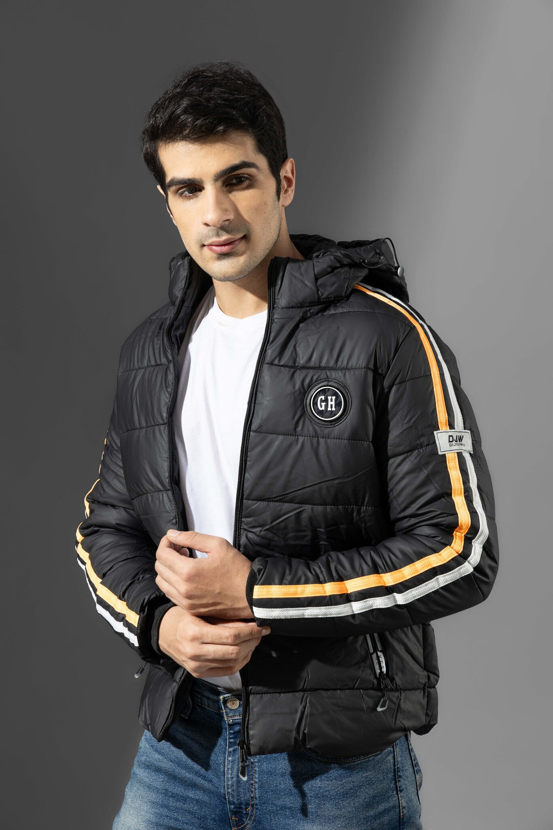 Black Men Hooded Striped Winter Heavy Jacket