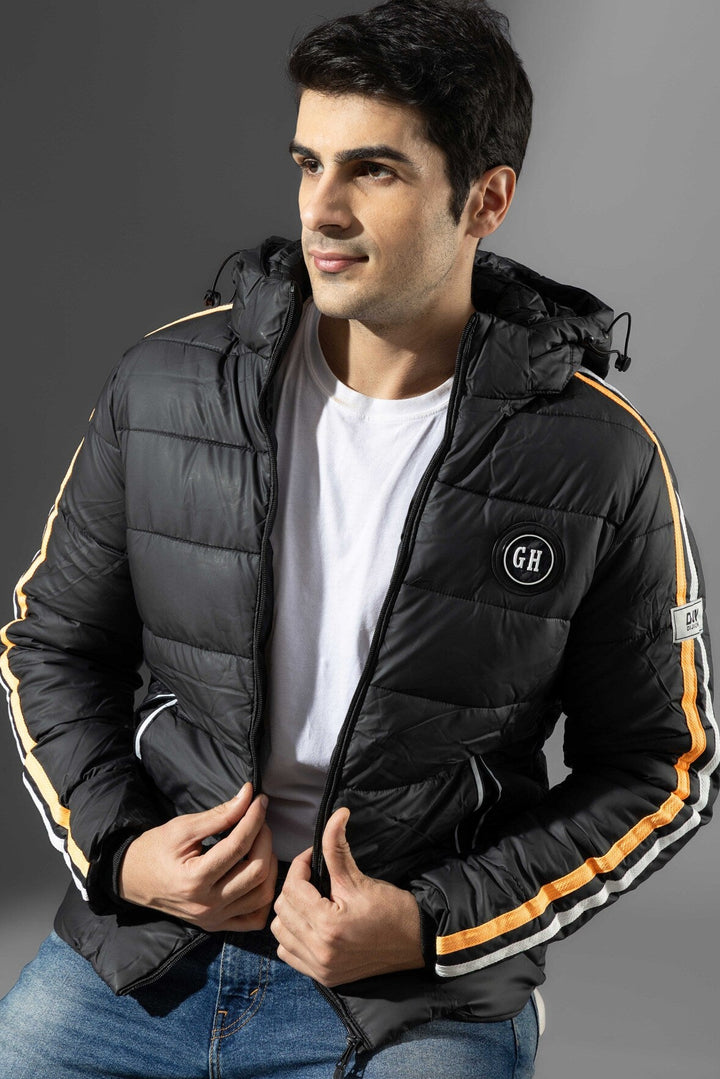 Black Men Hooded Striped Winter Heavy Jacket
