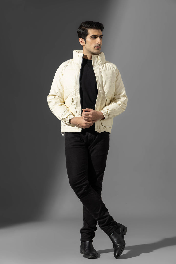 Cream High Neck Full Sleeve Winter Heavy Jacket with fur detailing on neck