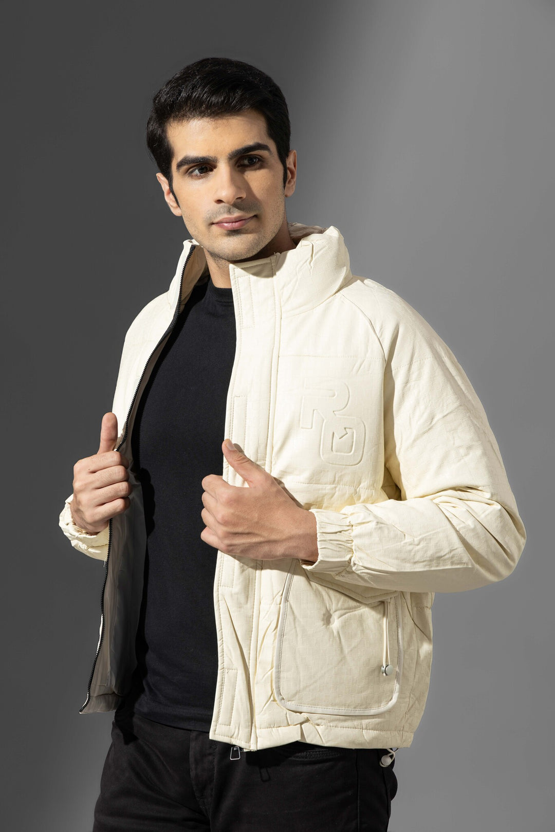 Cream High Neck Full Sleeve Winter Heavy Jacket with fur detailing on neck