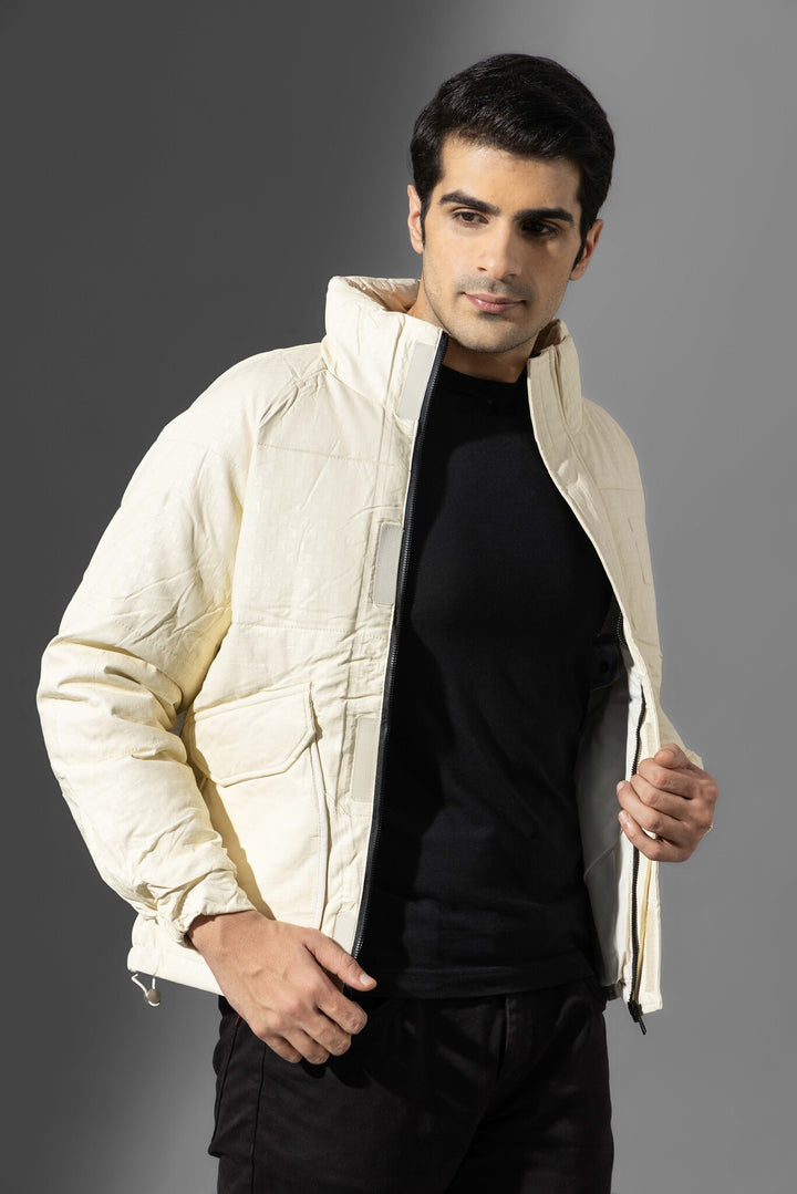 Cream High Neck Full Sleeve Winter Heavy Jacket with fur detailing on neck