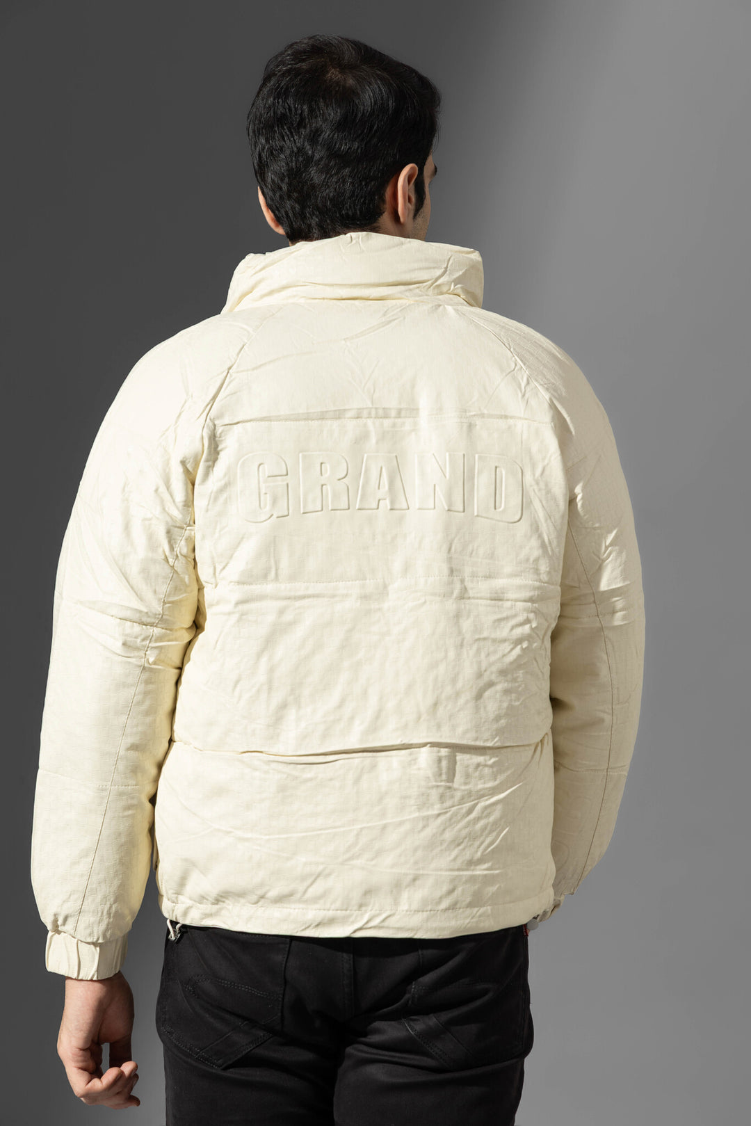 Cream High Neck Full Sleeve Winter Heavy Jacket with fur detailing on neck