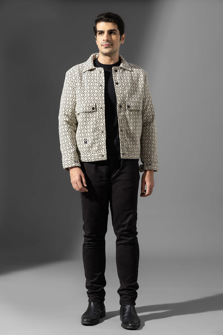 Cream Full Sleeve Printed Cotton Jacket