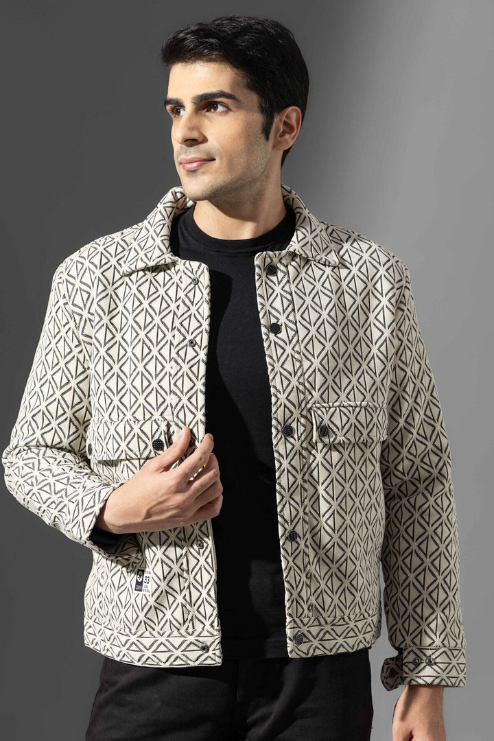 Cream Full Sleeve Printed Cotton Jacket