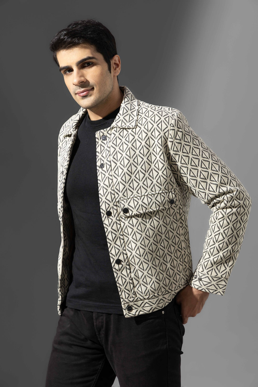 Cream Full Sleeve Printed Cotton Jacket