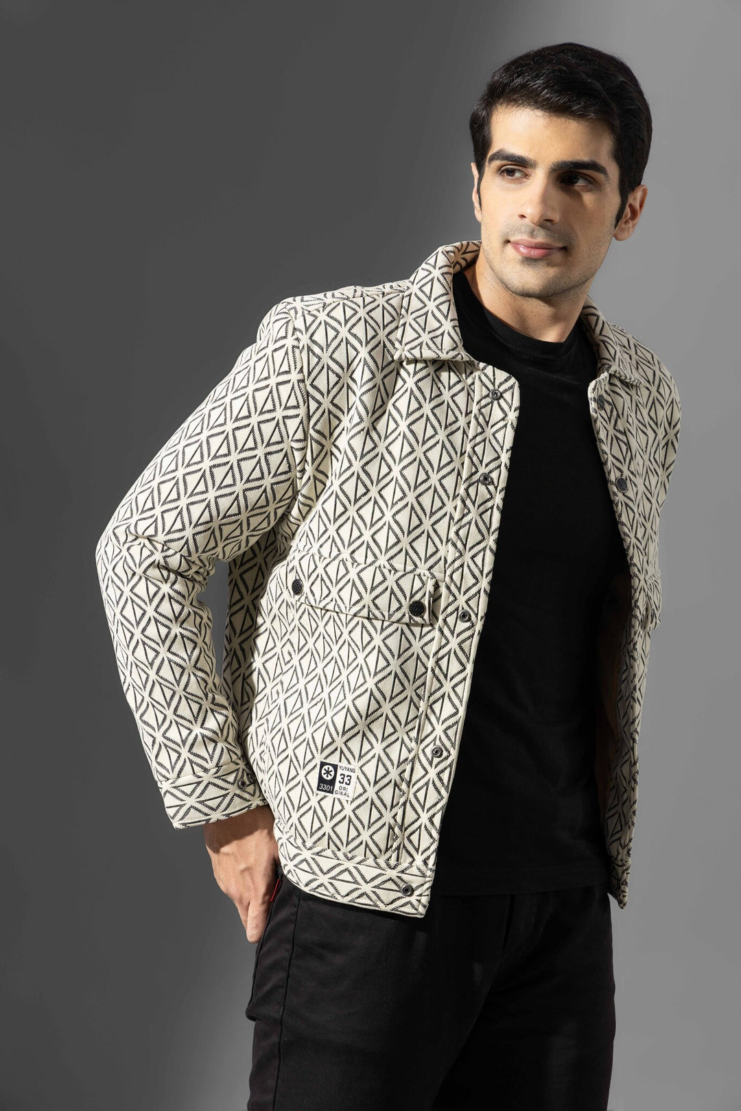 Cream Full Sleeve Printed Cotton Jacket