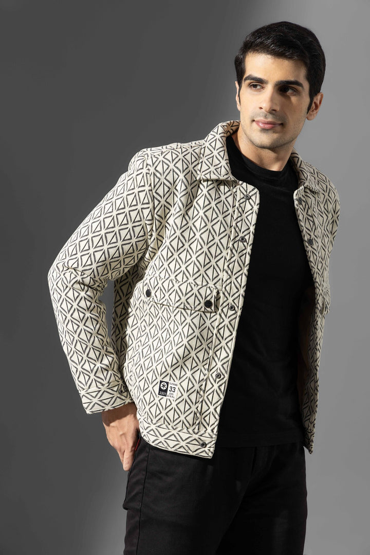 Cream Full Sleeve Printed Cotton Jacket