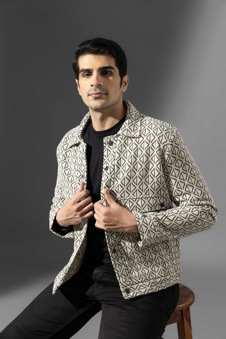 Cream Full Sleeve Printed Cotton Jacket