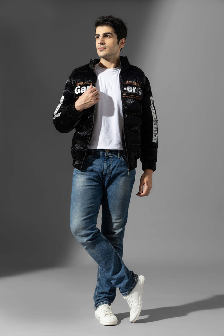 Black Full Sleeve Typographic Winter Jacket