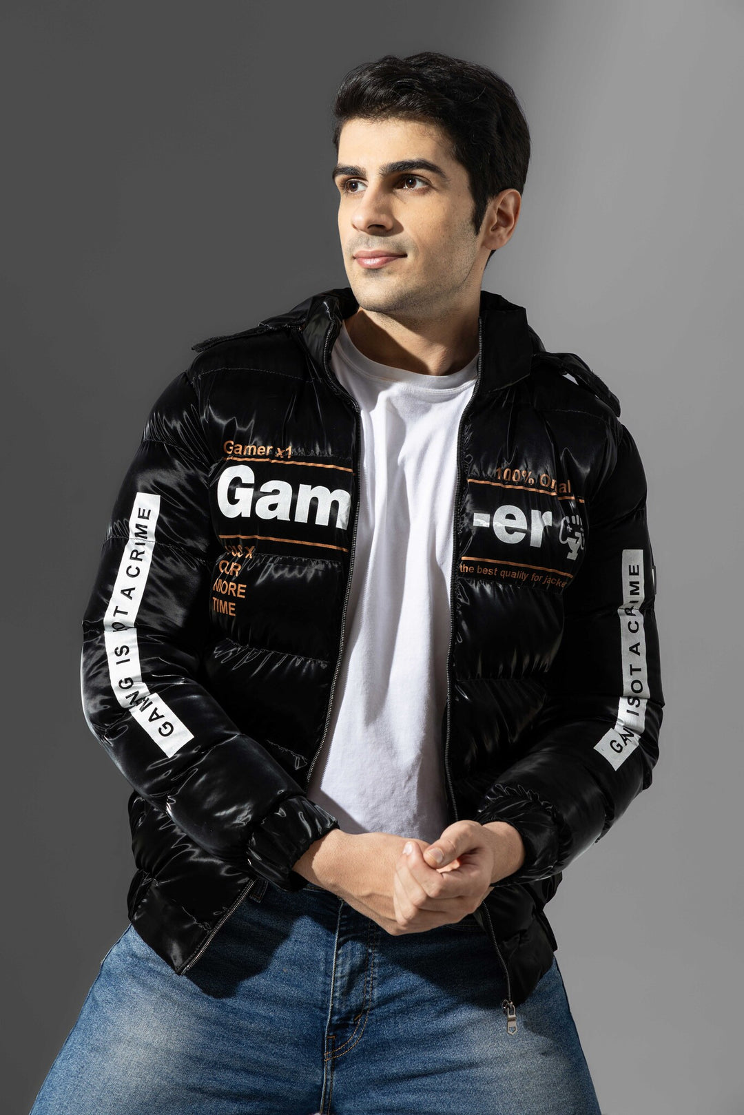 Black Full Sleeve Typographic Winter Jacket