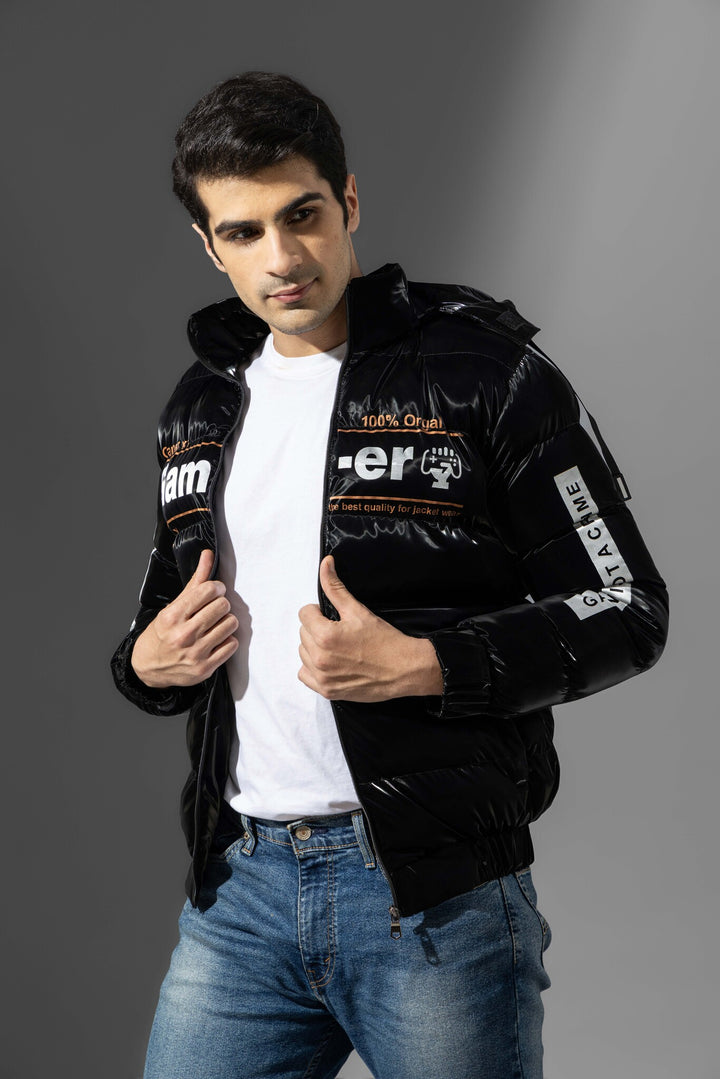 Black Full Sleeve Typographic Winter Jacket