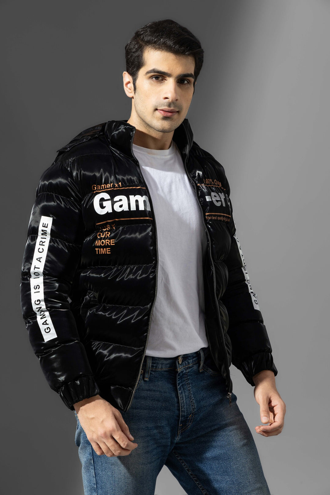 Black Full Sleeve Typographic Winter Jacket