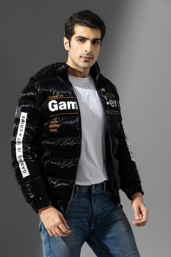Black Full Sleeve Typographic Winter Jacket