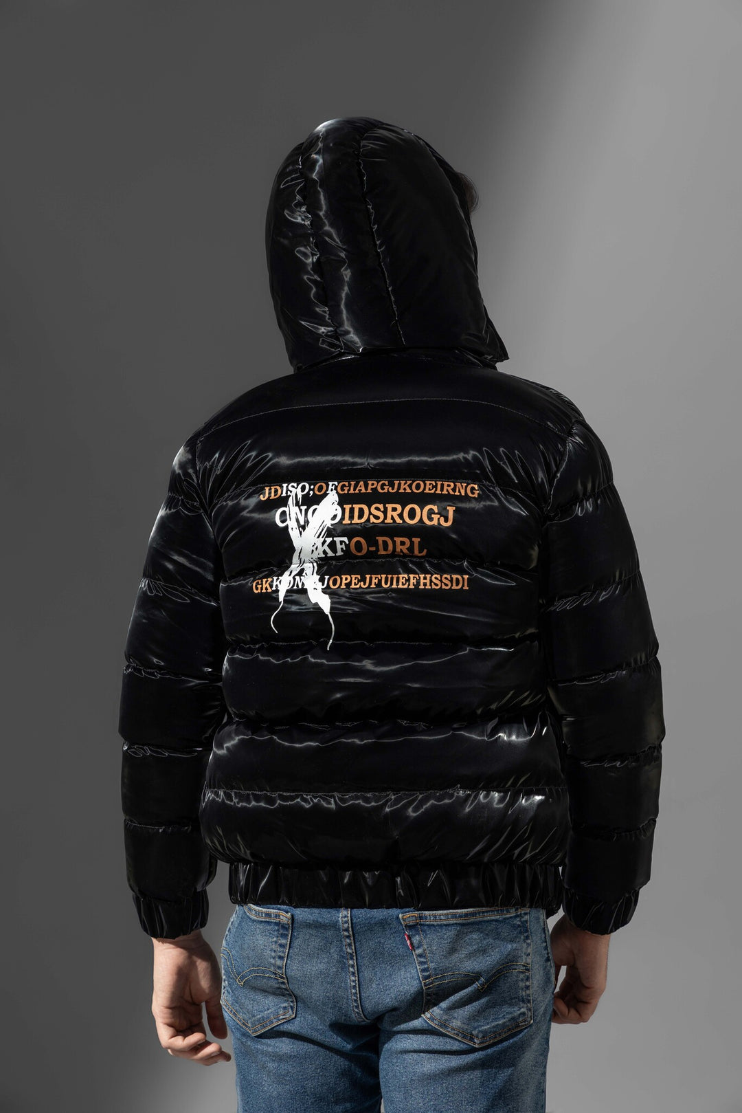 Black Full Sleeve Typographic Winter Jacket