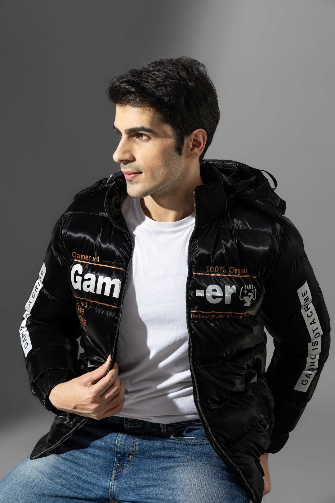 Black Full Sleeve Typographic Winter Jacket