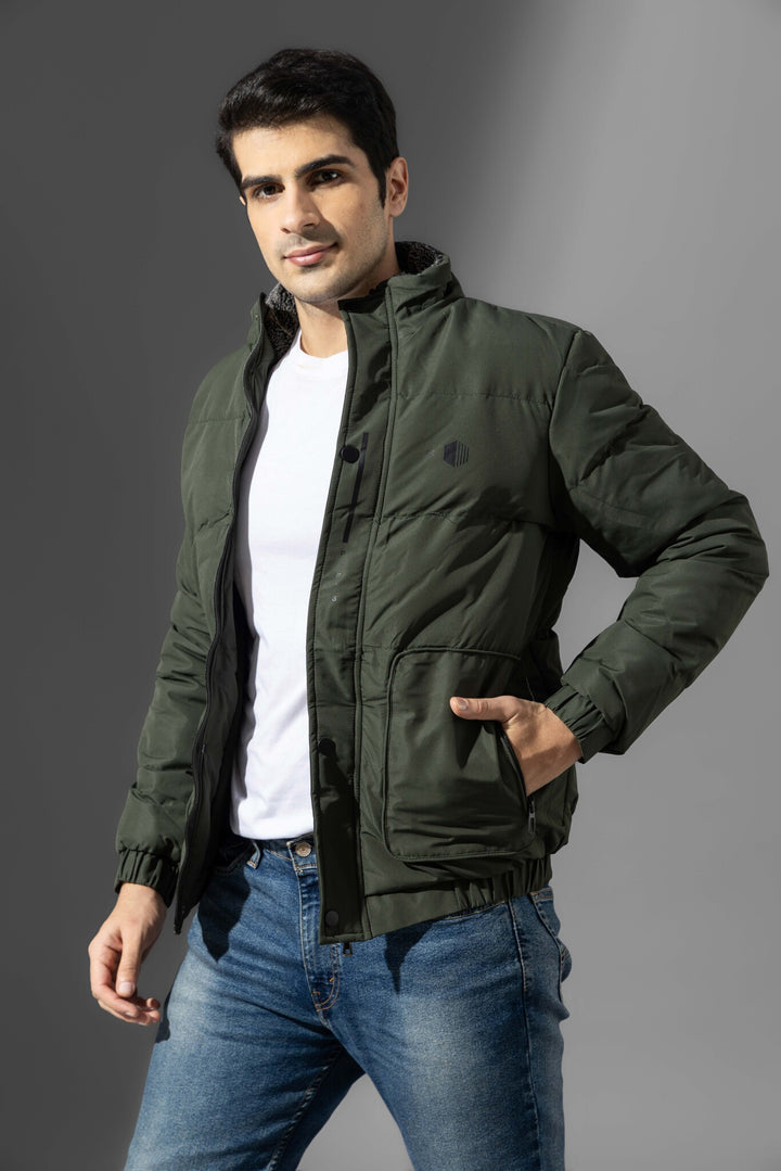 Green High Neck Winter Heavy Jacket