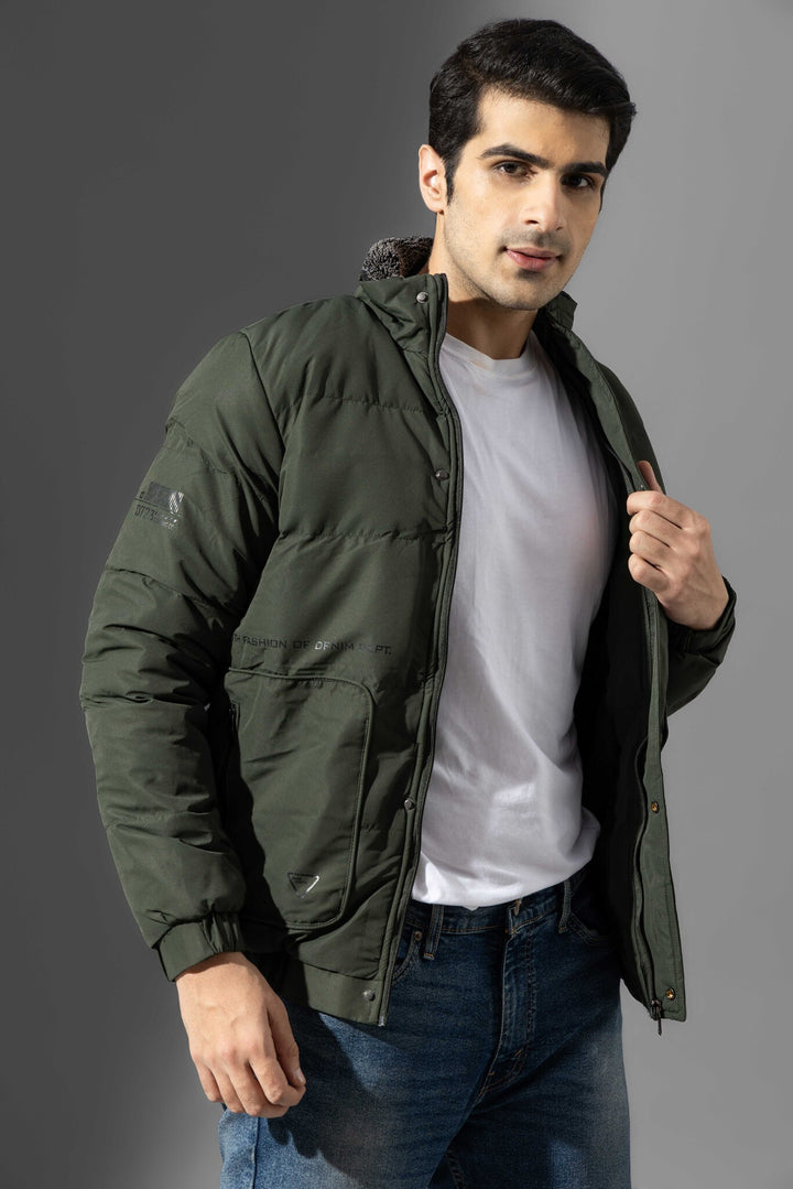 Green High Neck Winter Heavy Jacket