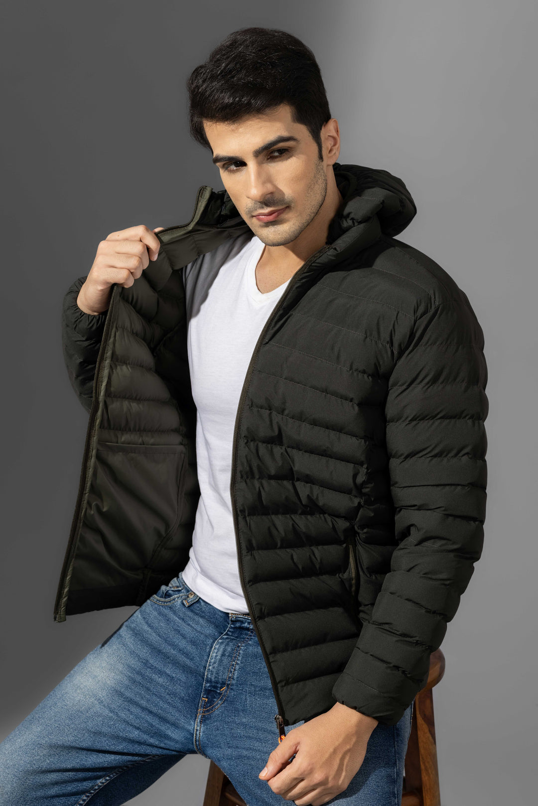 Olive Green Puffer Winter Jacket with Detachable hood