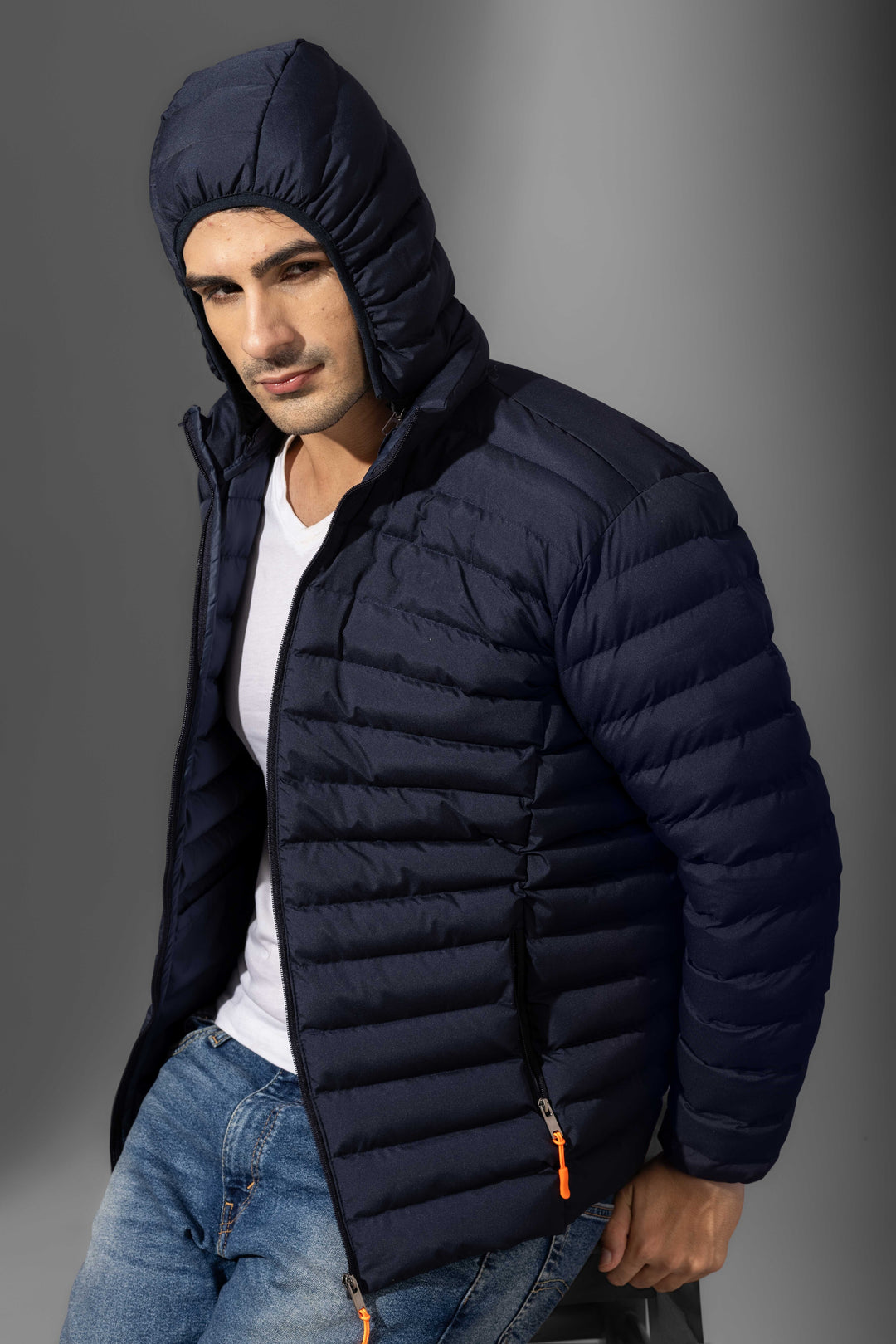 Navy Blue Men Padded Winter Jacket with detachable hood