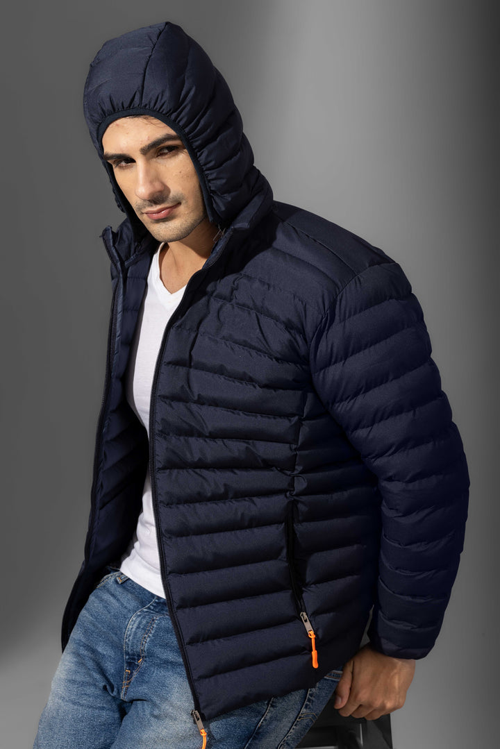 Navy Blue Men Padded Winter Jacket with detachable hood