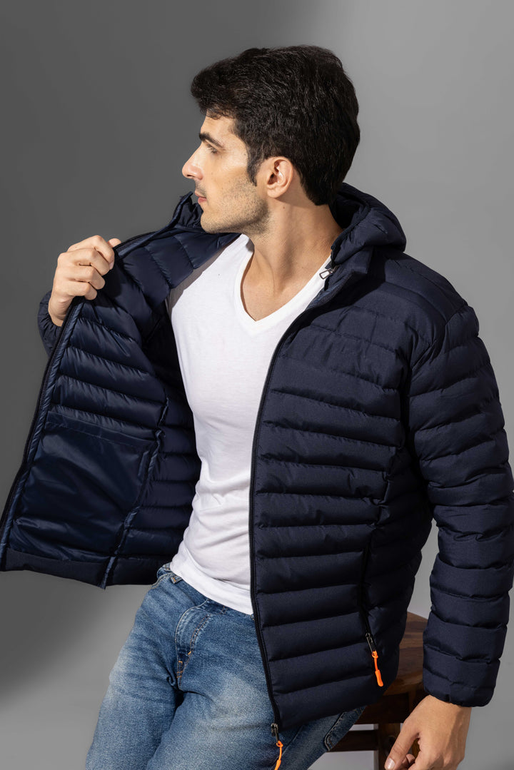 Navy Blue Men Padded Winter Jacket with detachable hood