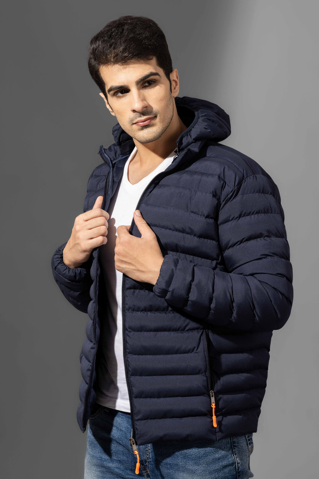Navy Blue Men Padded Winter Jacket with detachable hood