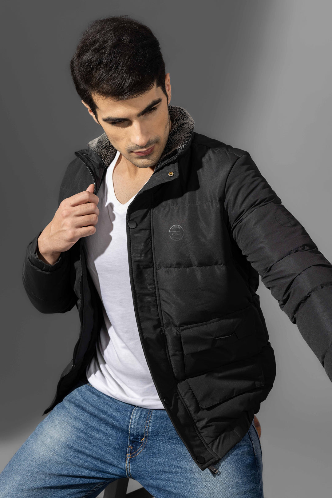 Black Winter Puffer Jacket with Fur