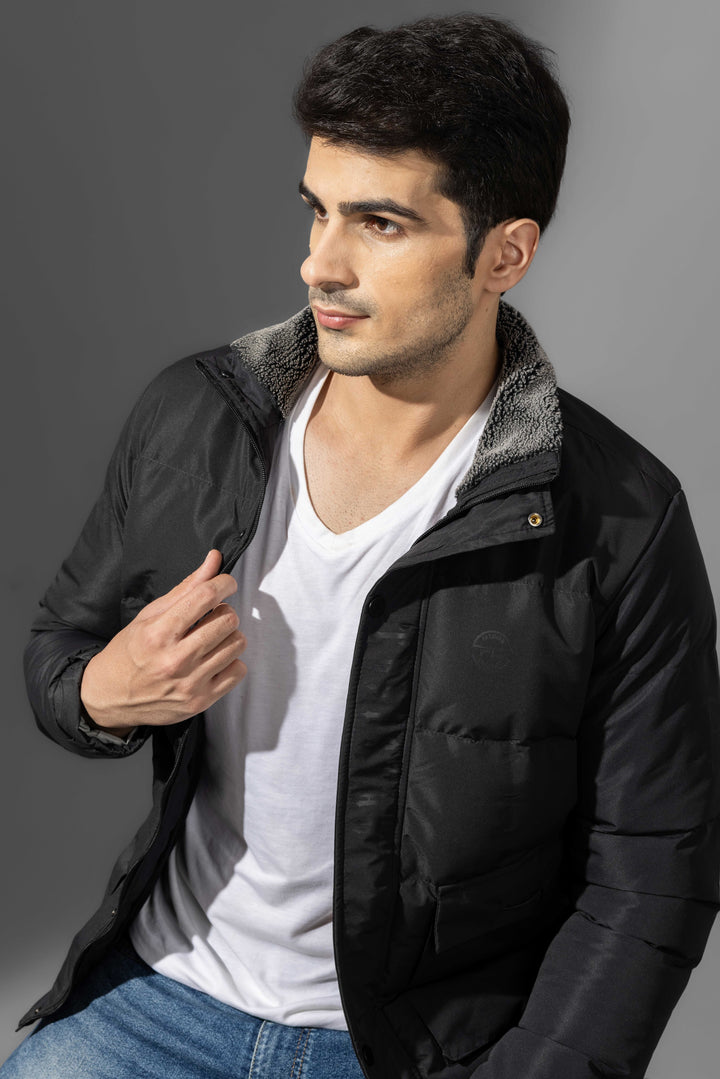 Black Winter Puffer Jacket with Fur